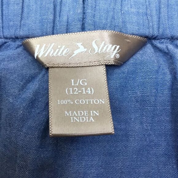 Lightweight blue denim cotton skirt drawstring waist wood beads elastic waist L - Picture 8 of 8